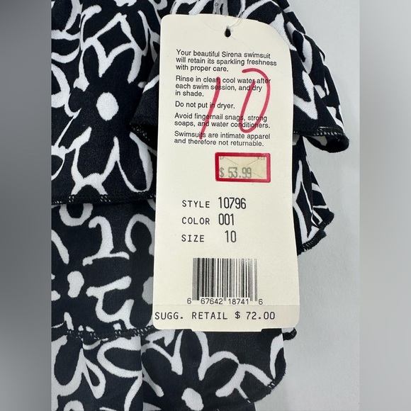 Vintage NWT Swimsuit Sirena Size 10 70s Ruffle Black & White Floral One Piece - Picture 7 of 8